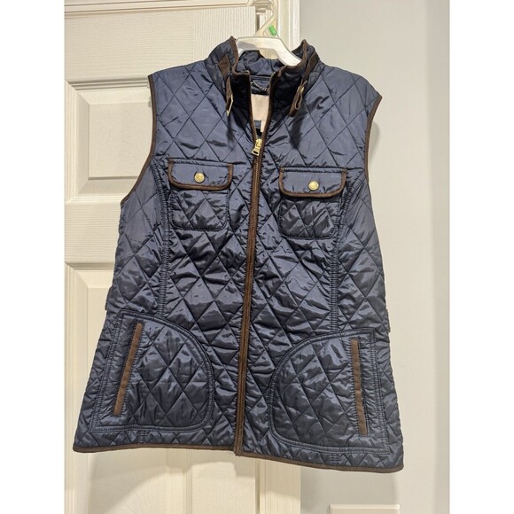 Banana Republic Quilted Vest Women’s Medium Navy Blue Brown Trim Zip Front - Picture 2 of 6